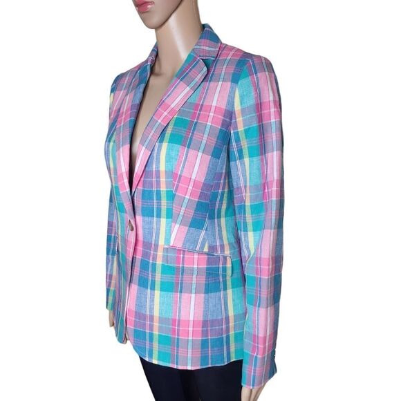 Talbots Women's multi classic summer size 2 madras plaid linen cotton blazer - Picture 3 of 8